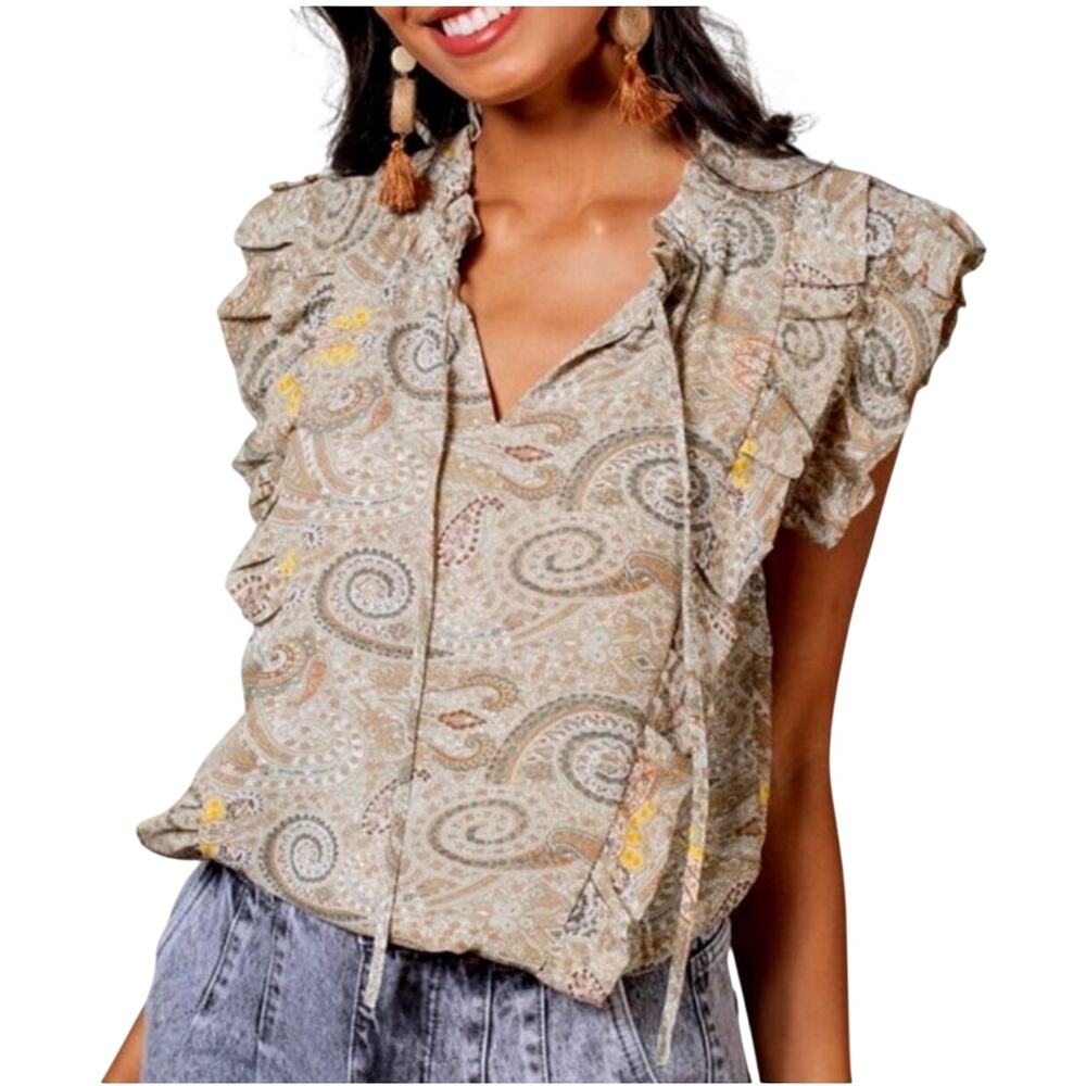 Elan Women’s blouse, semi sheer, neutral paisley, ruffles, Size M
